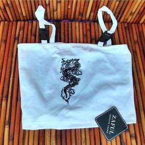 NWT ZAFUL White & Black Embroidered Dragon Tank Top w/ Adjustable Clip Closure